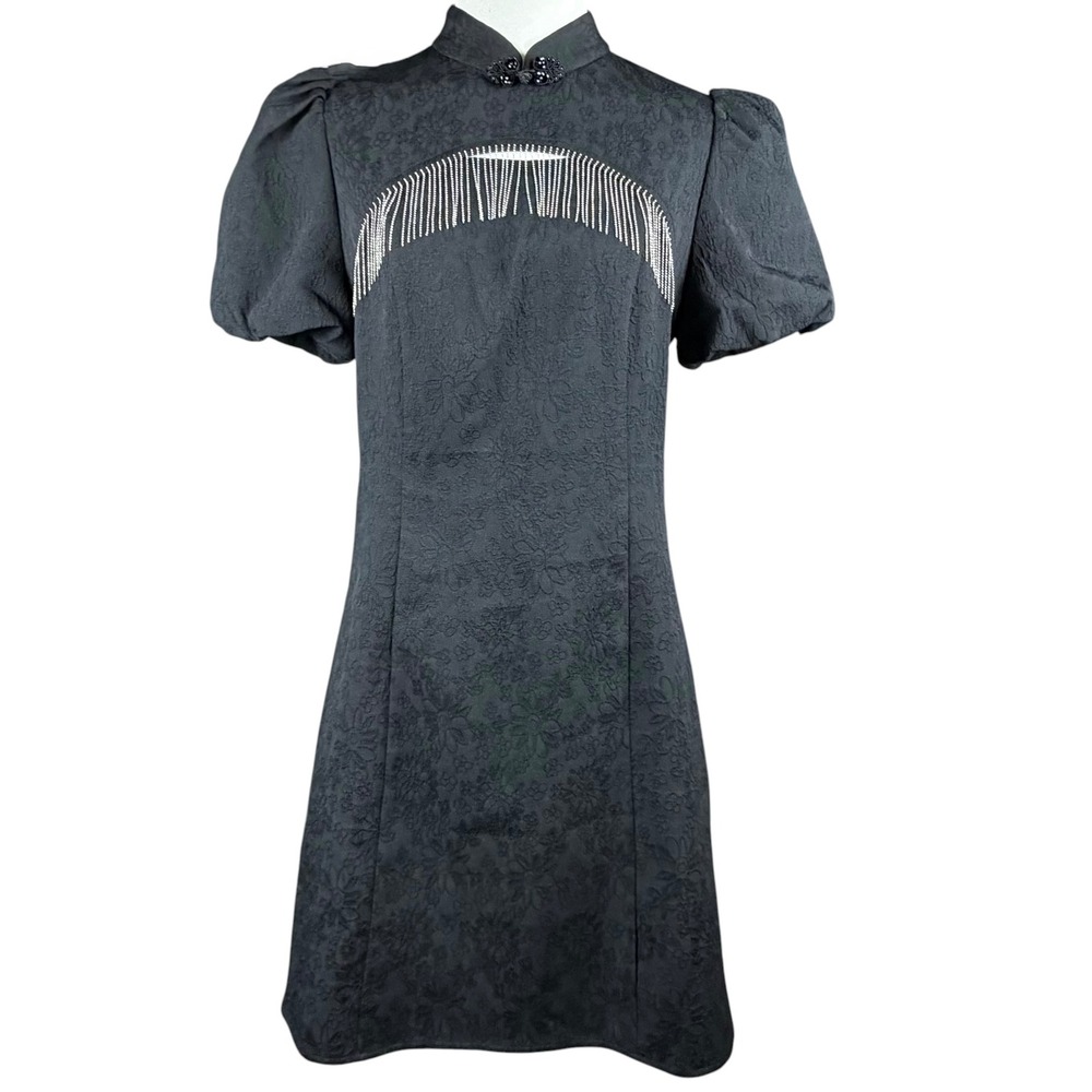 Floral Jacquard Rhinestone Fringe Cheongsam Dress M Vampy Goth McBling
